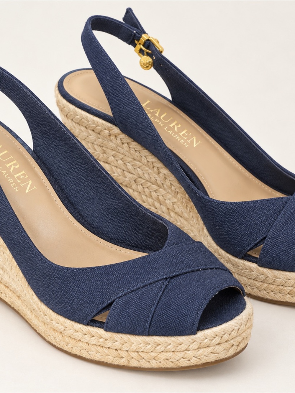 Lauren Ralph Lauren Navy Espadrille Wedge Sandals Open Toe Slingback Size 6